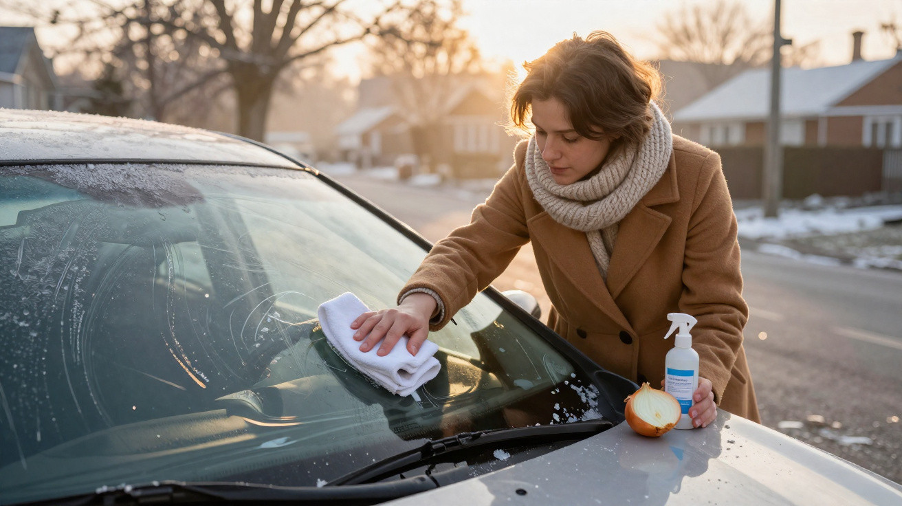 Femme nettoyant le pare-brise d'une voiture avec un chiffon, un oignon et un spray nettoyant sur le capot.
