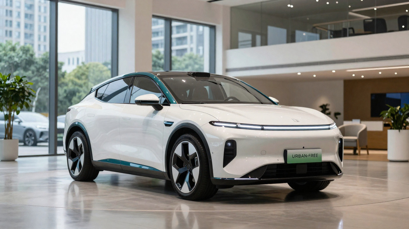 Voiture électrique blanche moderne exposée dans un showroom lumineux avec grandes fenêtres et mobilier contemporain.