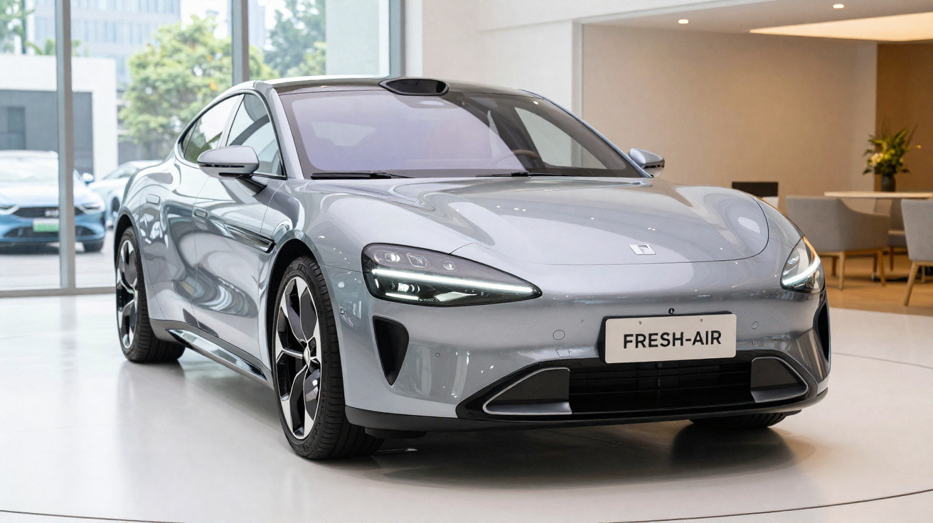 Voiture électrique grise moderne exposée en intérieur avec plaque d'immatriculation "FRESH-AIR".