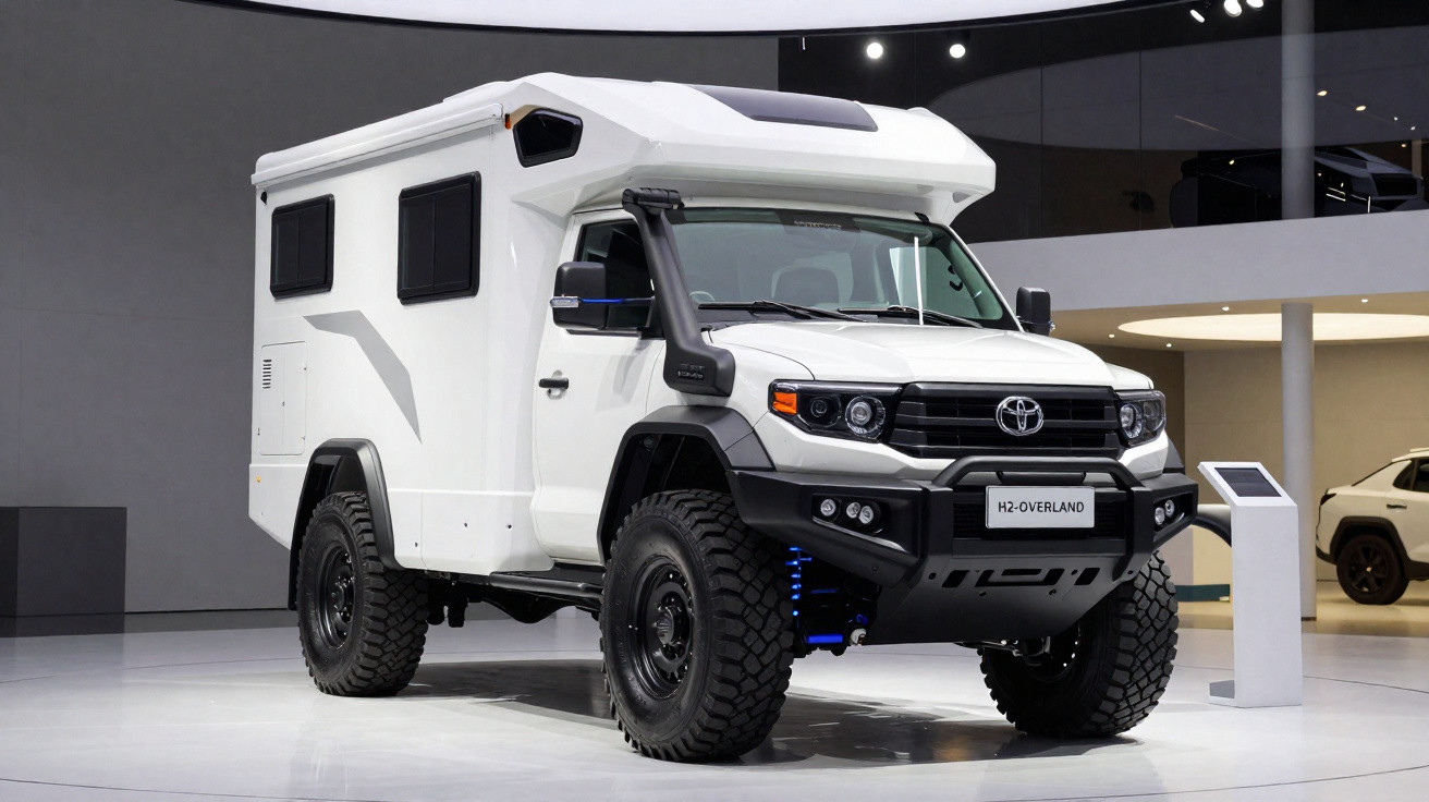 Véhicule tout-terrain blanc Toyota HZ-Overland exposé en intérieur avec pneus larges et carrosserie renforcée.