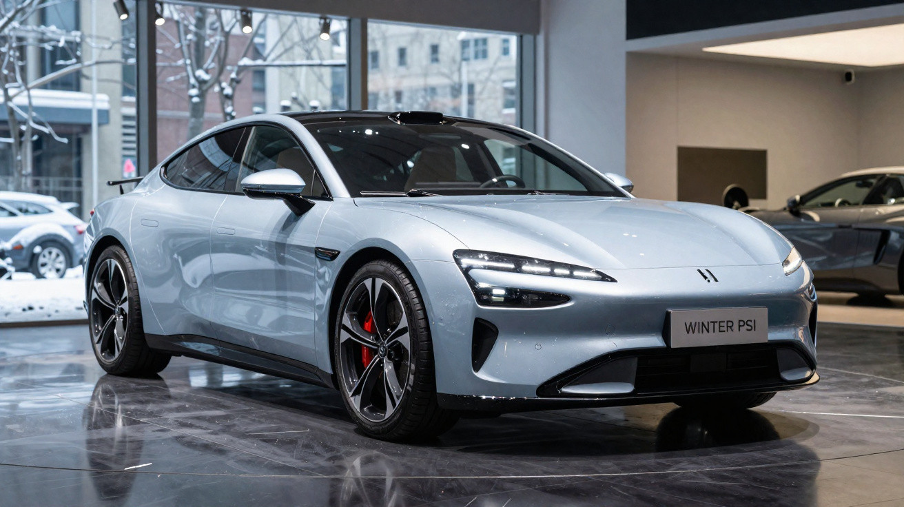 Voiture sportive électrique grise stationnée dans un showroom moderne avec vitrines en arrière-plan.