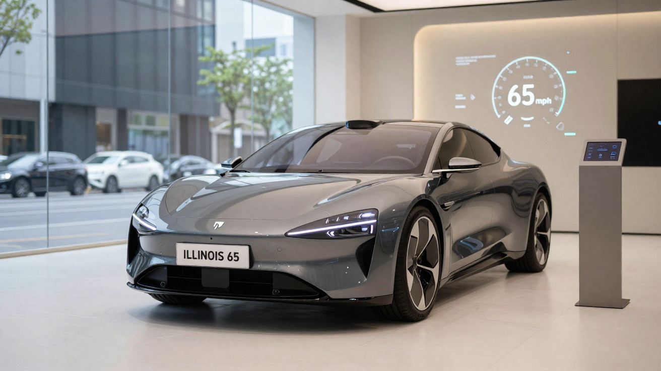 Voiture électrique grise au design futuriste exposée dans une salle avec écran digital indiquant 65 mph.