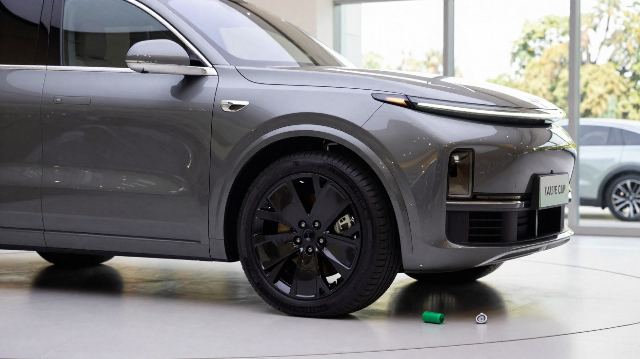 Vue latérale avant d'une voiture électrique grise avec une roue noire, dans un showroom lumineux.