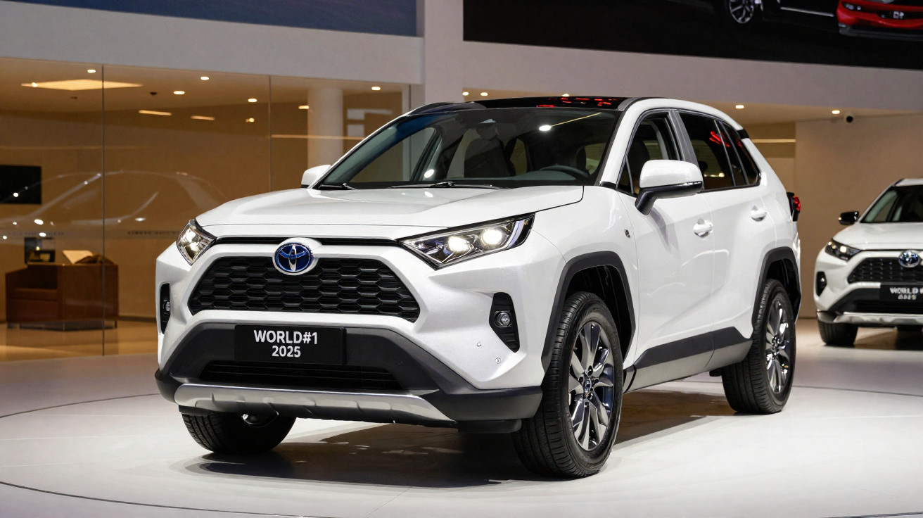 Véhicule SUV Toyota blanc exposé en intérieur avec une plaque d'immatriculation "WORLD#1 2025".