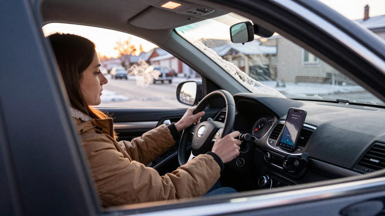 Femme en manteau beige au volant d'une voiture avec téléphone fixé sur tableau de bord au lever du soleil.