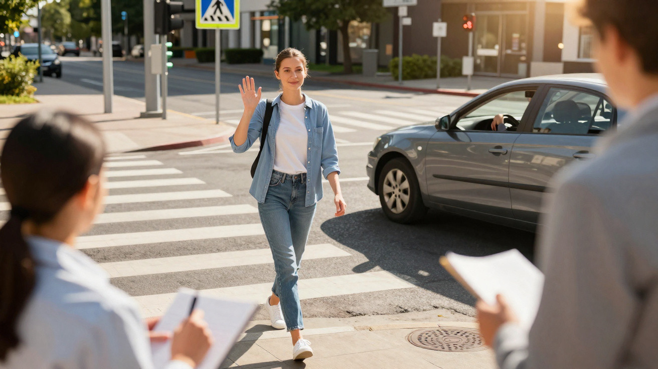 Jeune femme traversant un passage piéton en saluant, entourée de personnes avec des carnets et une voiture grise à l'arrêt.