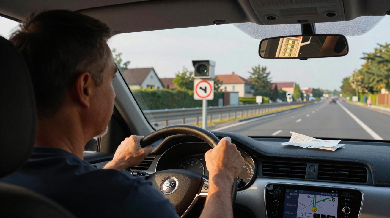 Homme conduisant une voiture sur une route avec un panneau de circulation indiquant un virage à droite interdit.