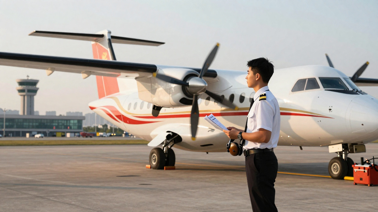 Pilote en uniforme tenant des documents devant un avion à hélices sur le tarmac d'un aéroport.