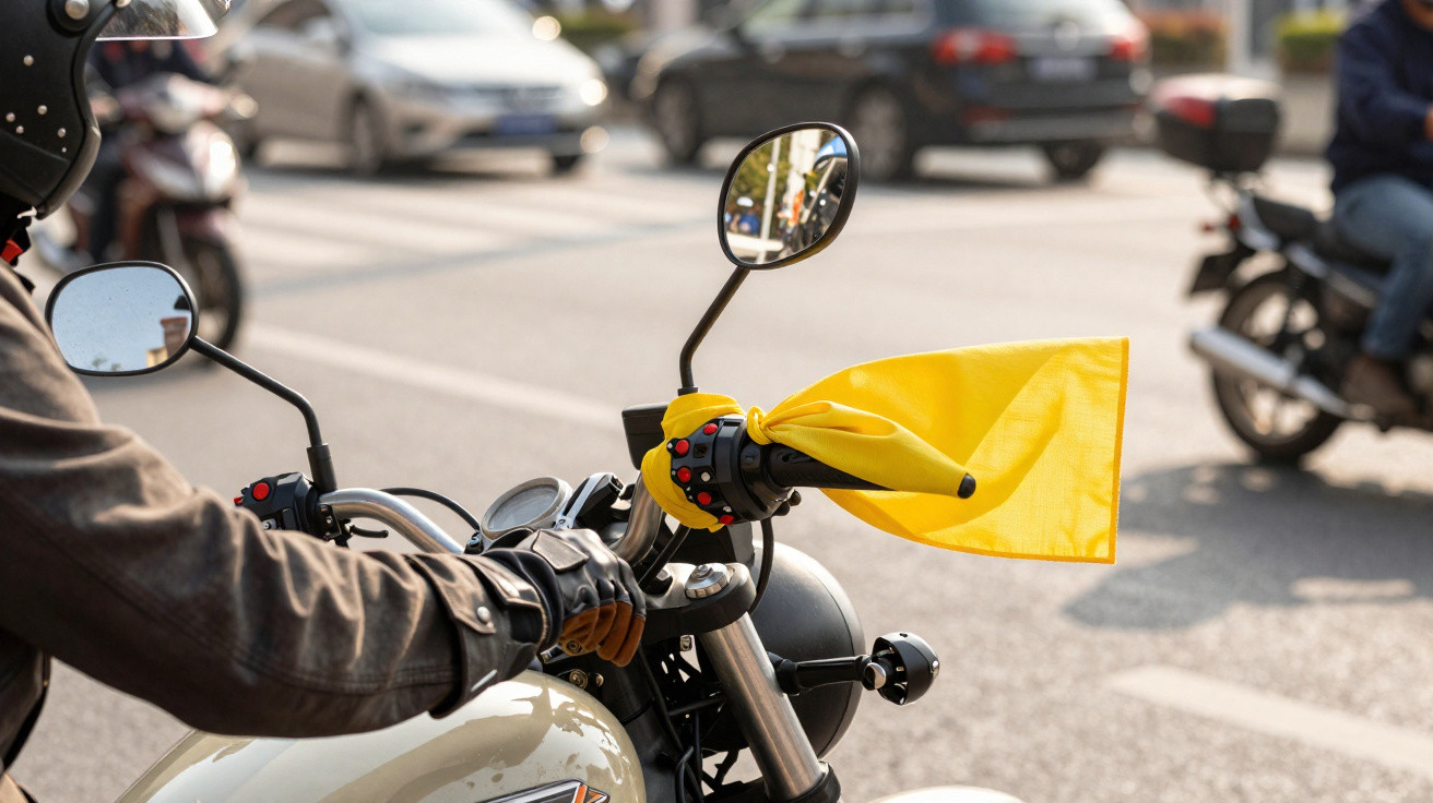 Motard avec gants noirs et casque tenant le guidon d'une moto blanche avec un foulard jaune attaché.
