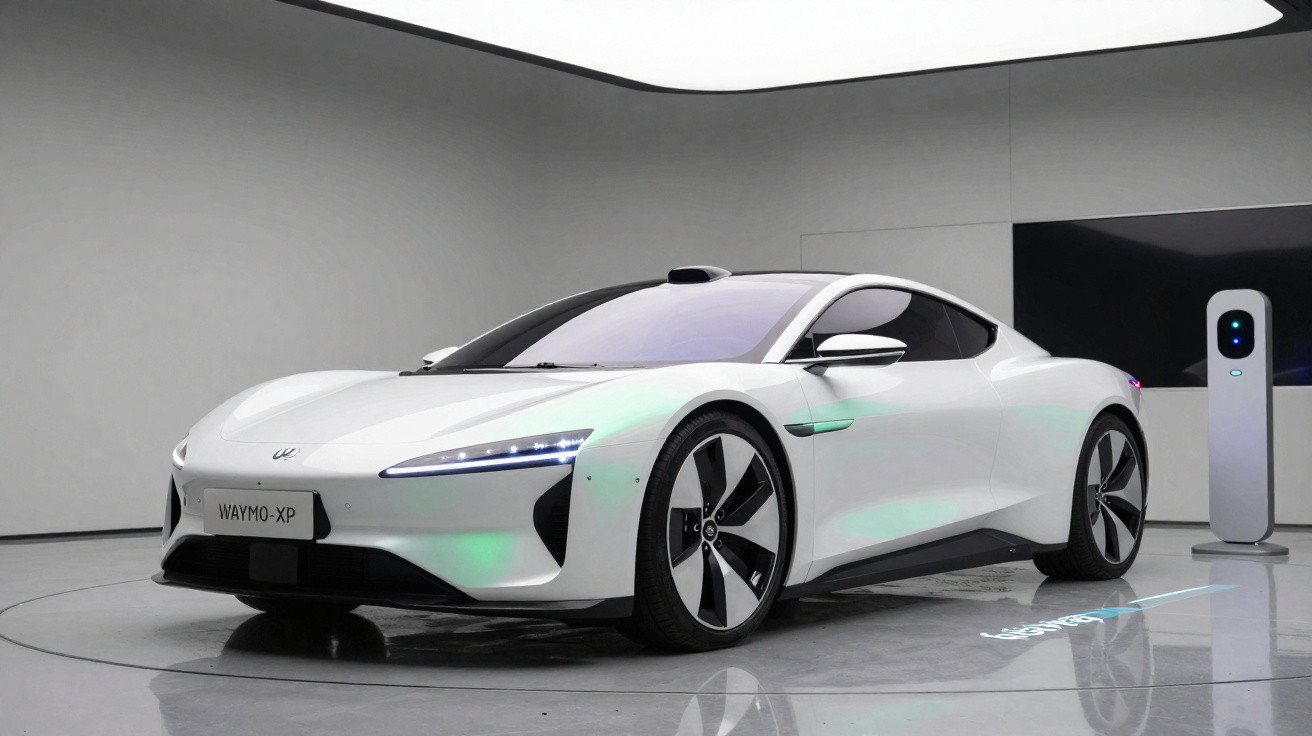 Voiture électrique blanche Waymo-X futuriste présentée dans un showroom minimaliste au design épuré.