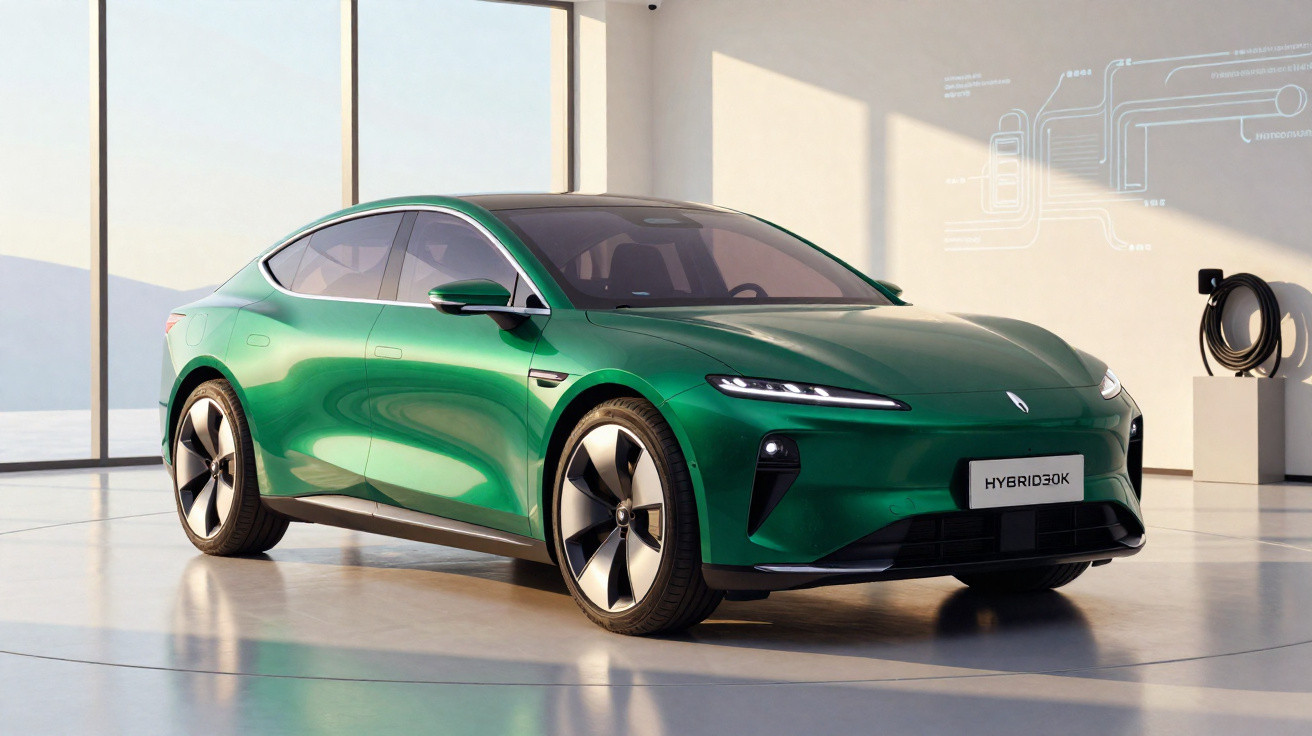 Voiture électrique berline vert métallisé stationnée dans un showroom moderne lumineux avec grandes baies vitrées.