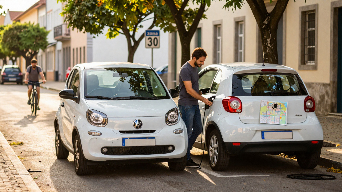 Un homme recharge une voiture électrique blanche en ville, une autre voiture et un cycliste à l'arrière-plan.