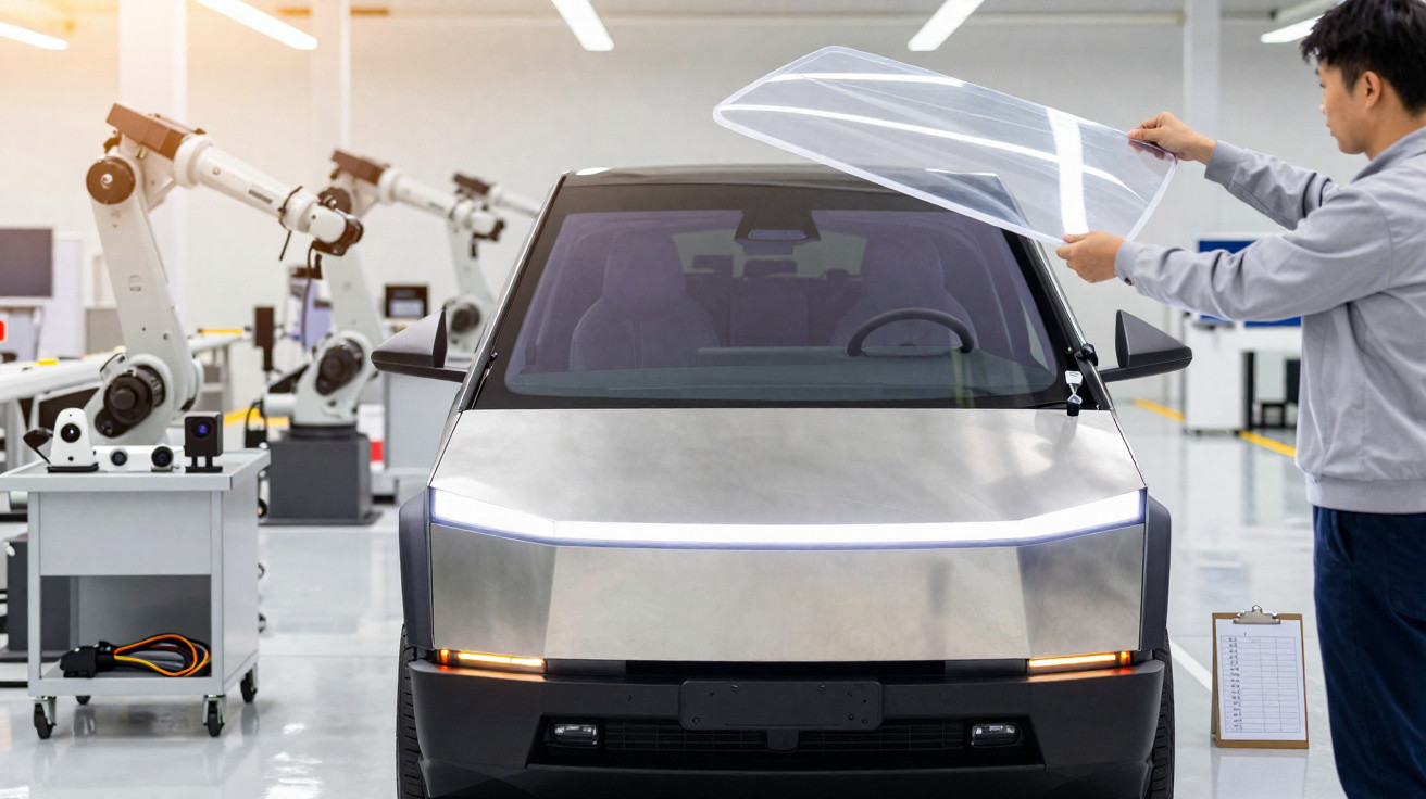 Homme posant un film protecteur sur le pare-brise d'une voiture électrique futuriste dans un atelier high-tech.