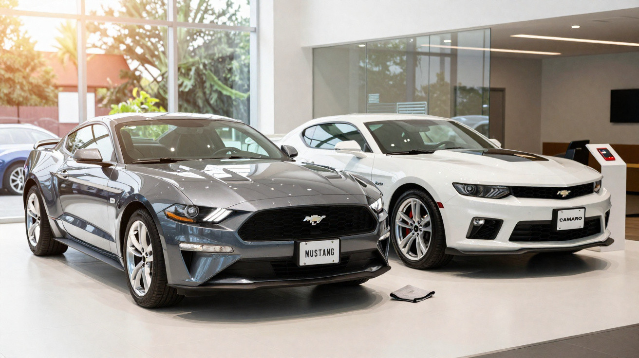 Deux voitures de sport neuves, une Ford Mustang grise et une Chevrolet Camaro blanche, exposées en showroom lumineux.