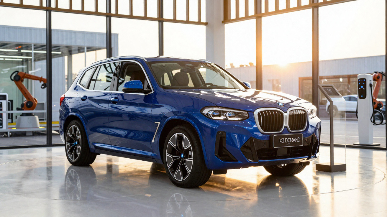 Véhicule SUV BMW bleu exposé dans un showroom moderne avec lumière naturelle et sol réfléchissant.