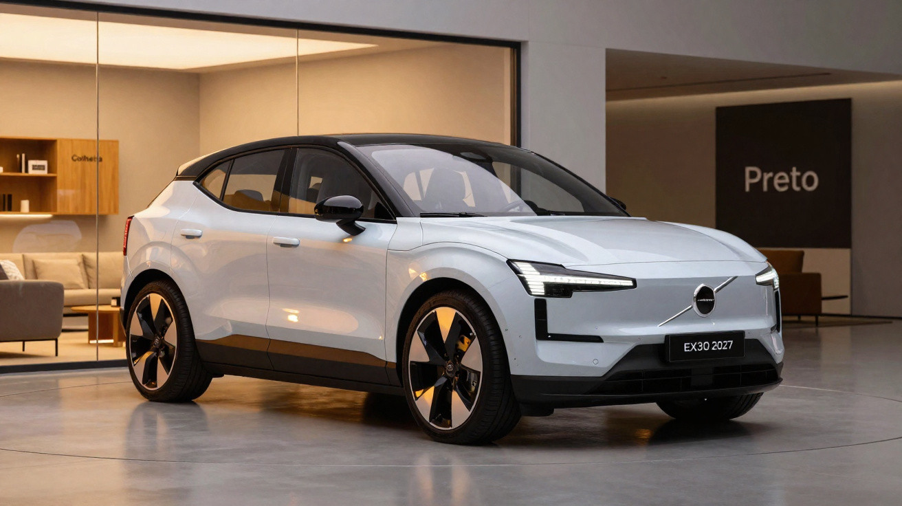Voiture électrique Volvo EX30 blanche garée dans un showroom moderne avec intérieur épuré visible.