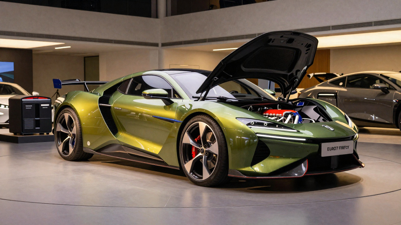 Voiture de sport verte avec capot ouvert exposée dans un showroom moderne et lumineux.