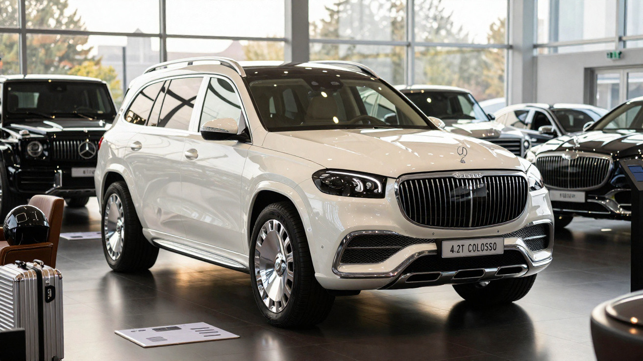 SUV de luxe blanc Mercedes-Maybach 4.2T Colosso exposé dans un showroom moderne avec d'autres véhicules.