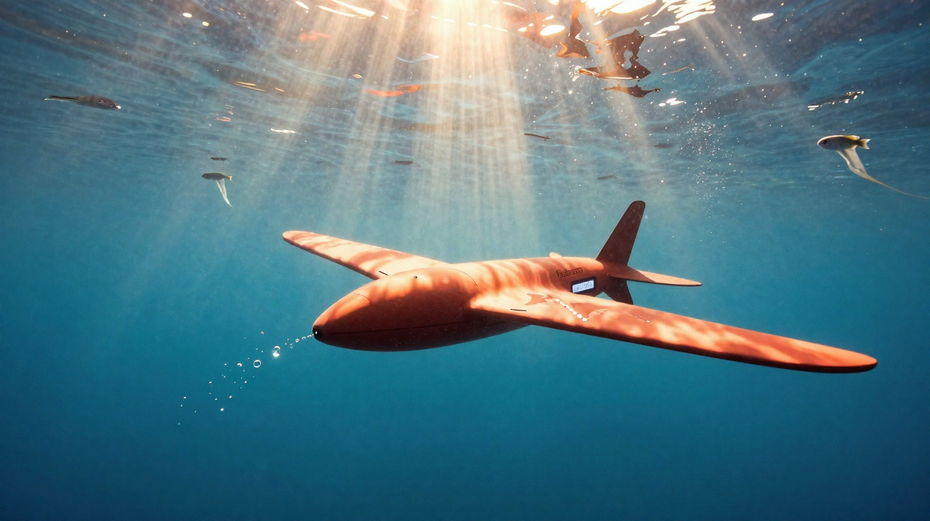 Drone sous-marin orange en forme d’avion nageant dans l’eau avec des rayons de lumière au-dessus.