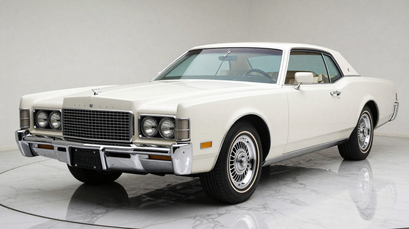 Voiture de collection blanche vintage avec carrosserie élégante et jantes chromées, vue trois-quarts avant.