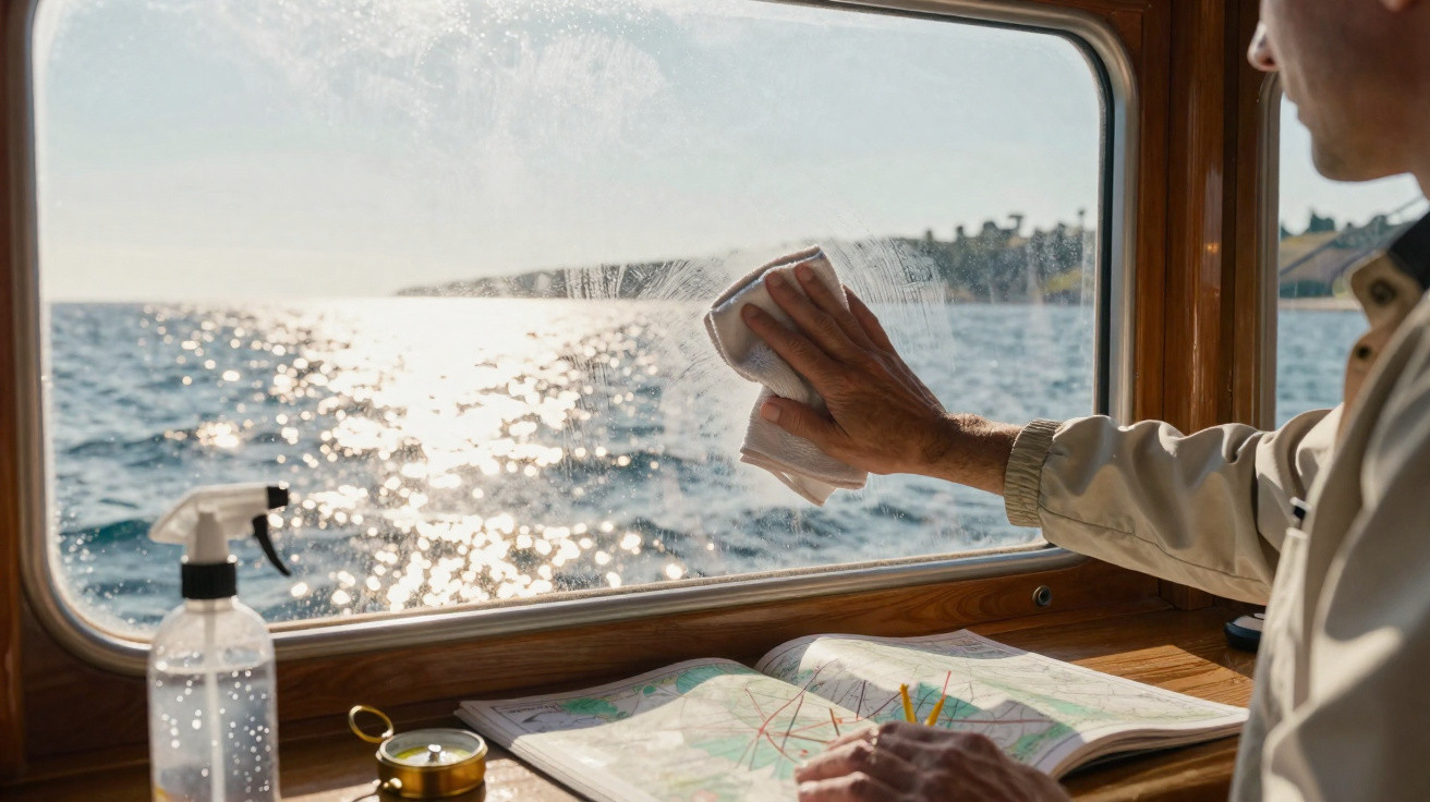 Une personne nettoie la fenêtre d’un bateau avec un chiffon, vue sur la mer et une carte marine ouverte.