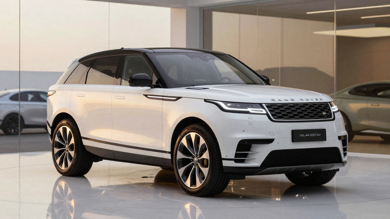 SUV blanc Range Rover Velar 2027 EV garé dans un showroom lumineux et moderne.