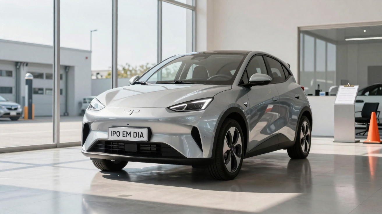Voiture électrique compacte grise stationnée à l'intérieur d'un showroom lumineux moderne.