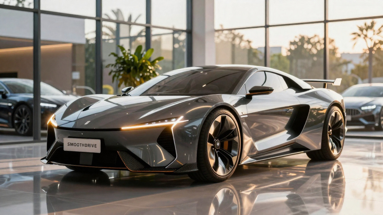 Voiture de sport grise brillante exposée dans une salle avec de grandes fenêtres et un sol brillant.