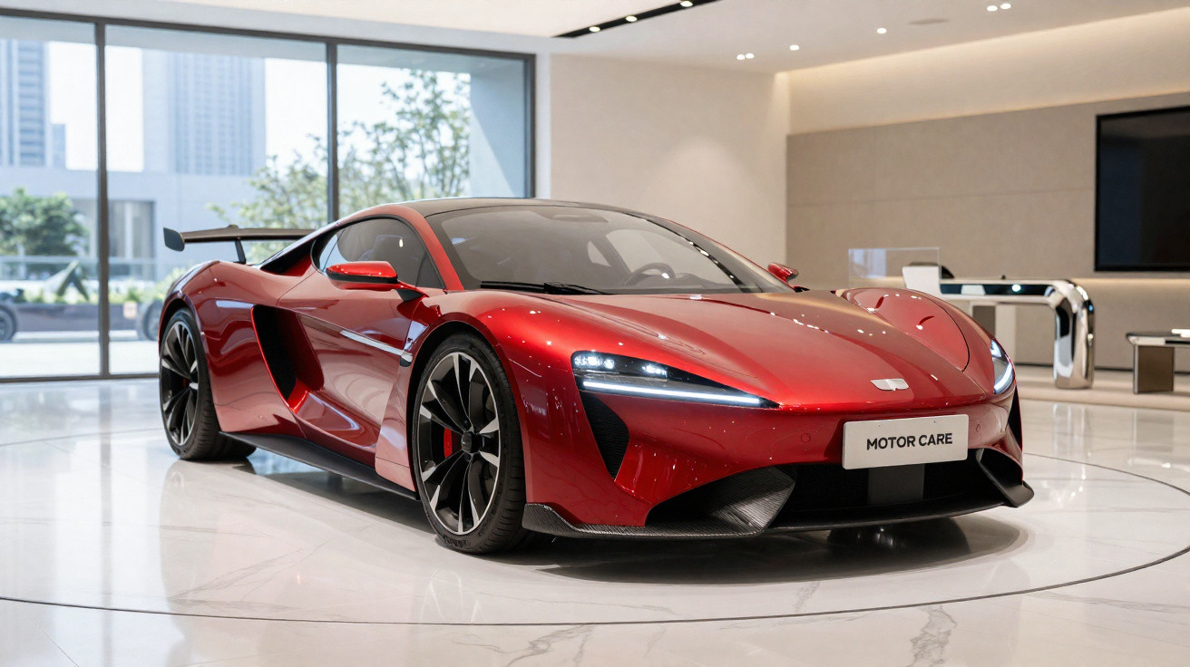 Voiture de sport rouge brillante garée dans un showroom moderne avec grand vitrage et sol blanc lustré.