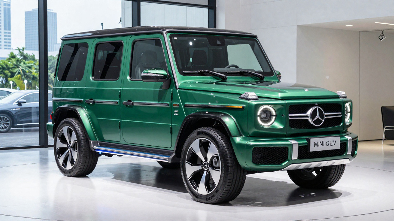 Mercedes-Benz G-Class électrique vert exposée dans un showroom moderne avec grandes fenêtres vitrées.