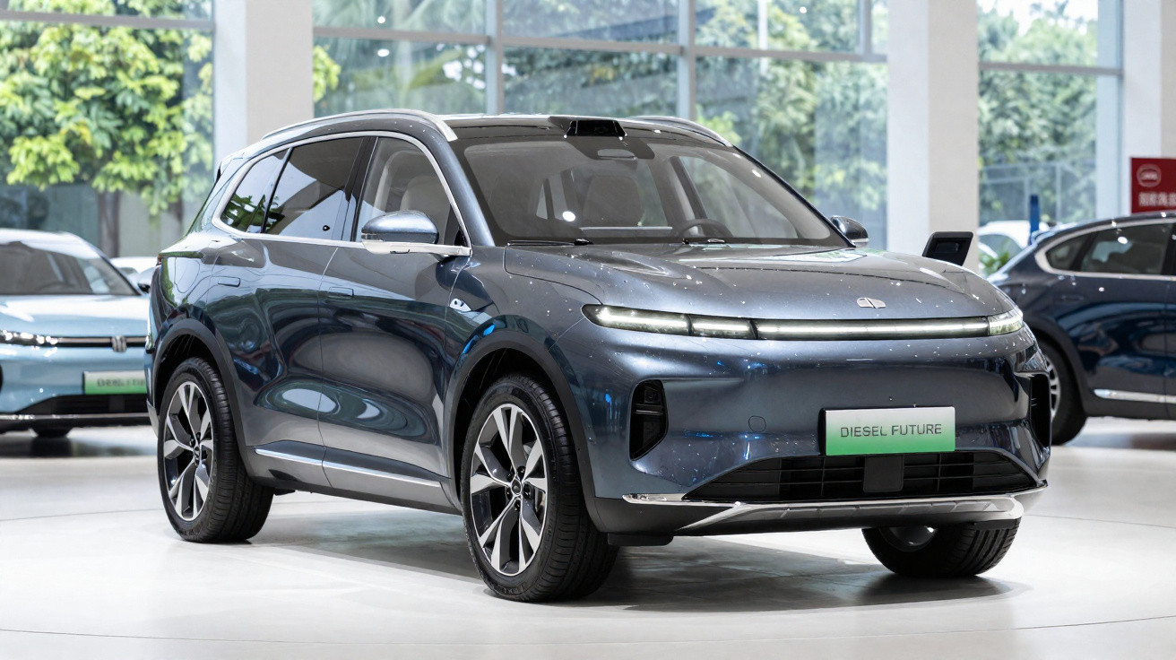 SUV électrique bleu métallisé exposé dans un showroom lumineux avec plaques d'immatriculation "Diesel Future".