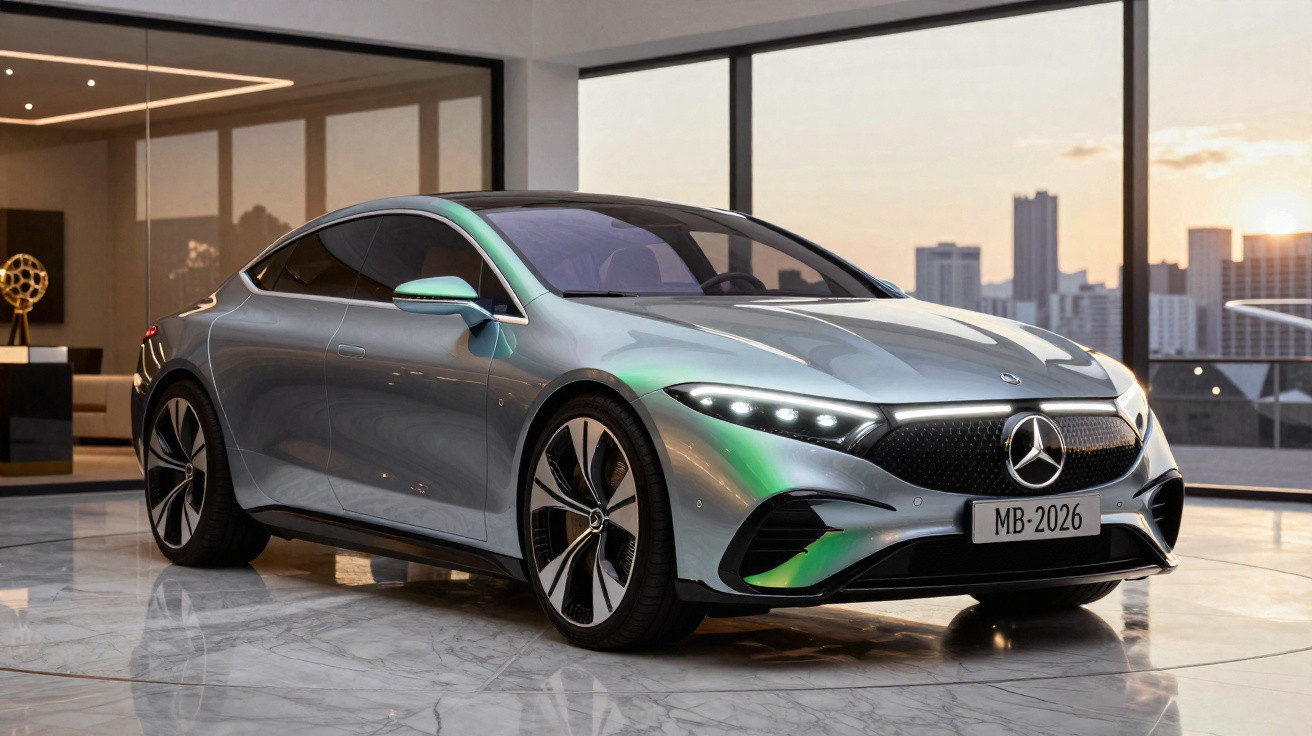 Voiture électrique sportive Mercedes-Benz grise exposée dans un showroom moderne avec vue urbaine au coucher du soleil.