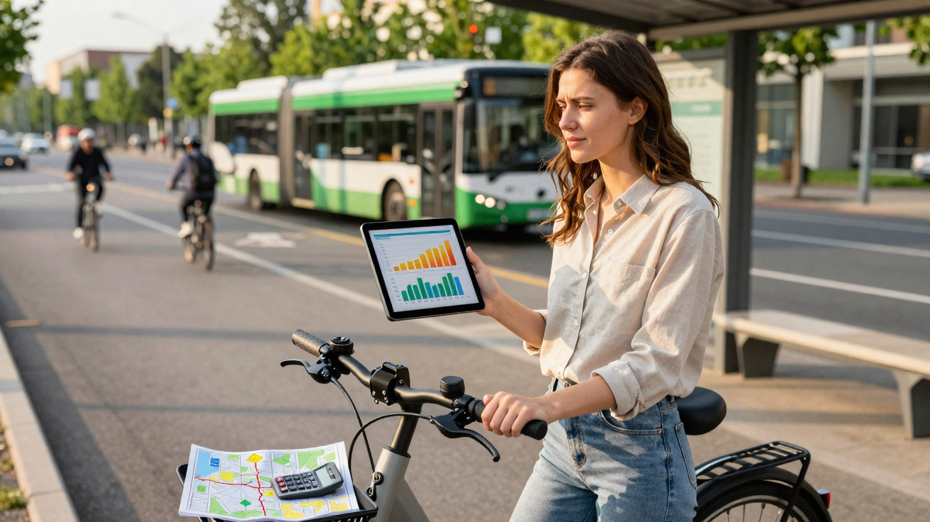 Femme à vélo tenant une tablette affichant des graphiques, avec un bus vert et des cyclistes en arrière-plan.