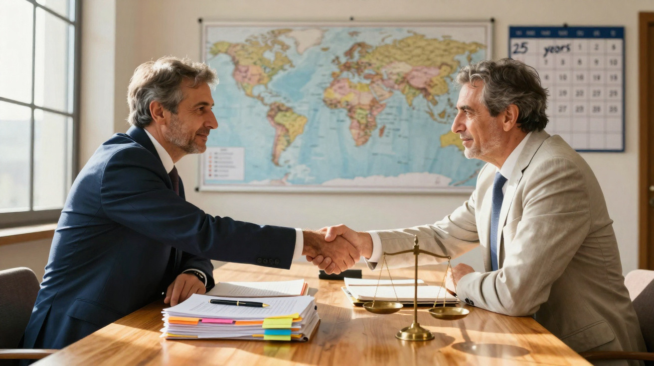 Deux hommes d'affaires se serrant la main lors d'une réunion autour d'une table avec une carte du monde en arrière-plan.