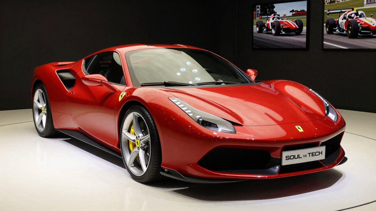 Voiture de sport Ferrari rouge exposée dans une salle avec des photos de voitures de course au mur.