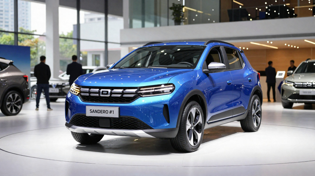 SUV compact bleu exposé en intérieur, modèle Sandero #1 avec jantes alliage et calandre moderne.