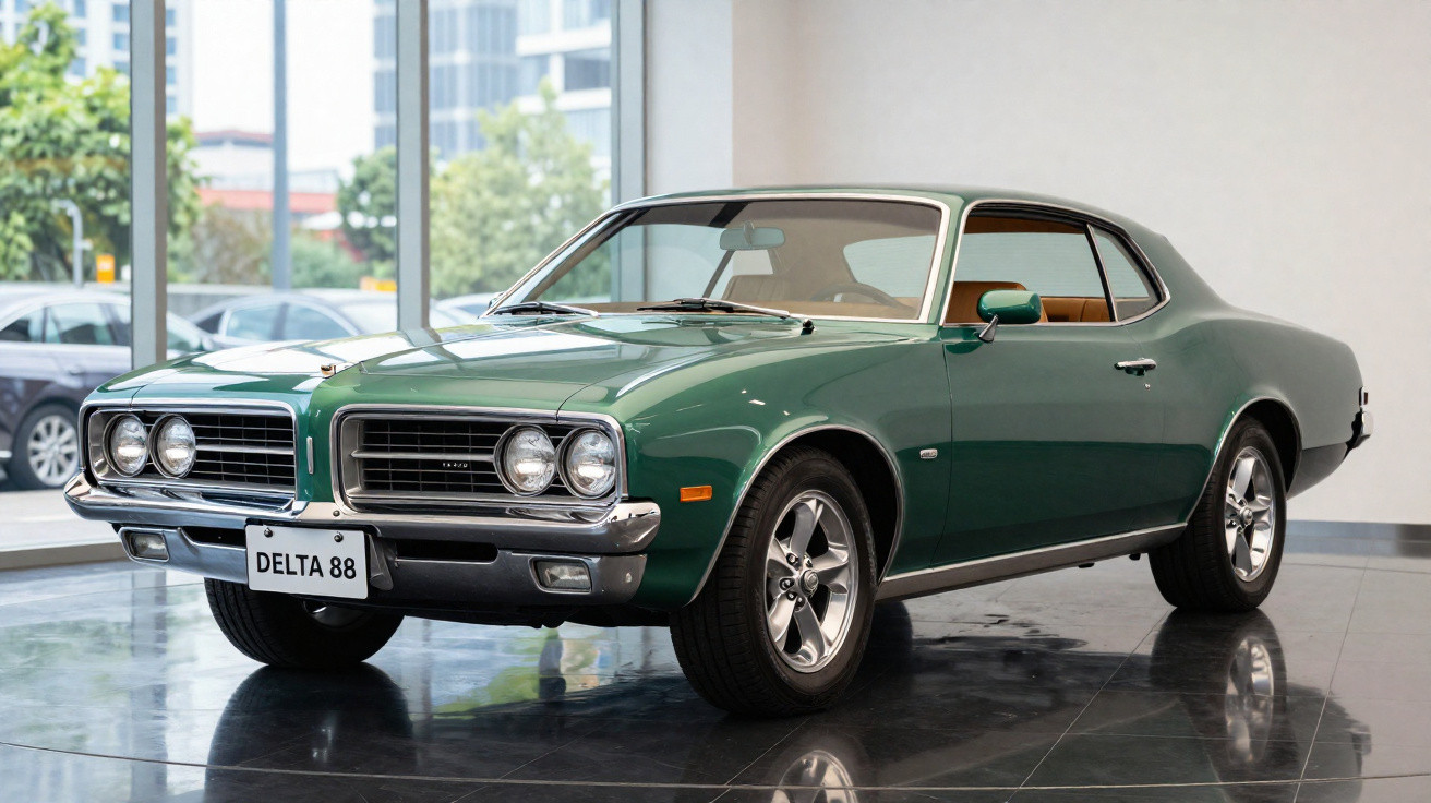 Voiture de sport américaine vintage verte immatriculée DELTA 88, exposée en intérieur sur sol brillant.