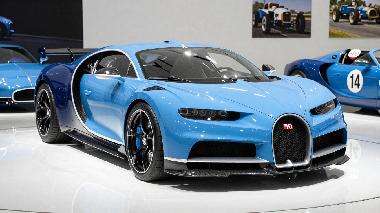 Bugatti Chiron bleue exposée dans un showroom avec des voitures anciennes en arrière-plan.