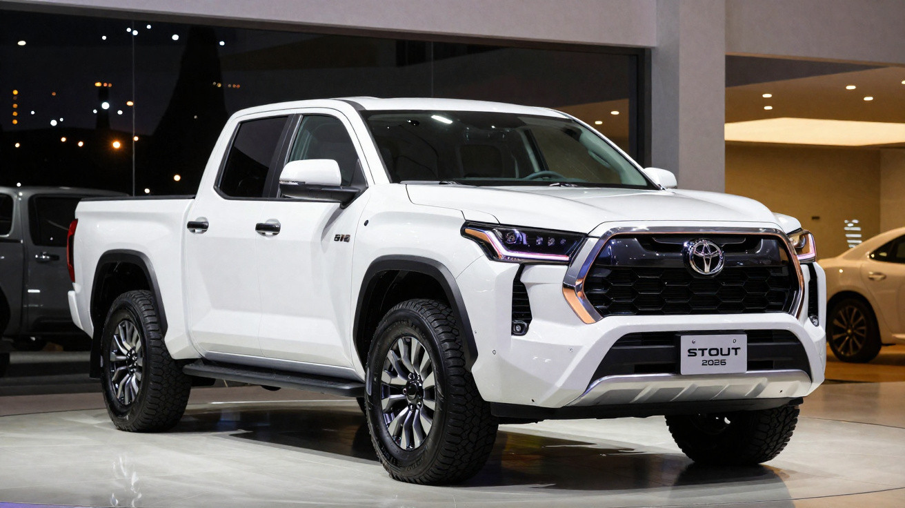 Pick-up Toyota blanc modèle 2026, salon de l’auto, éclairage intérieur et extérieur minimal.