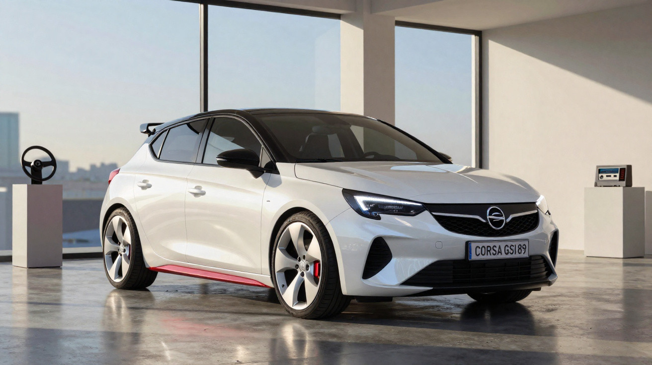 Voiture compacte blanche Opel Corsa GSi garée dans un showroom lumineux avec grandes fenêtres.