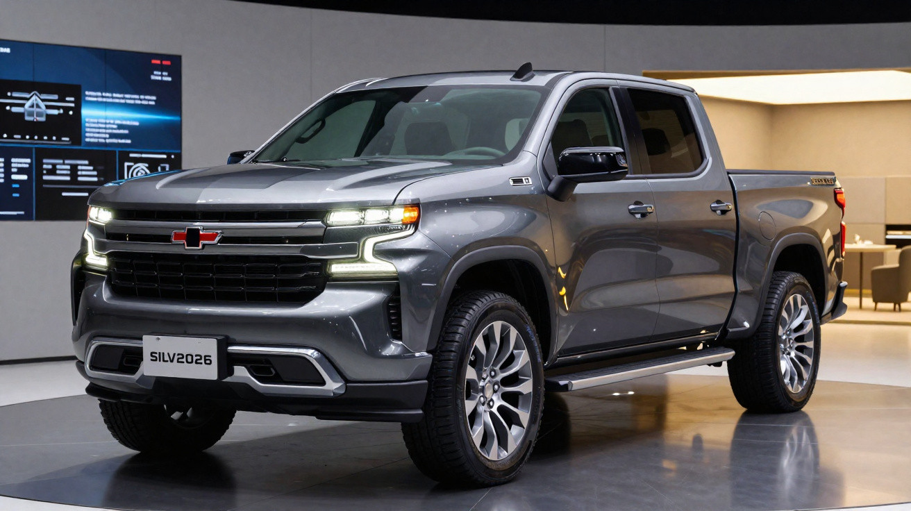 Pick-up Chevrolet Silverado gris métallisé exposé en intérieur sur un podium moderne.