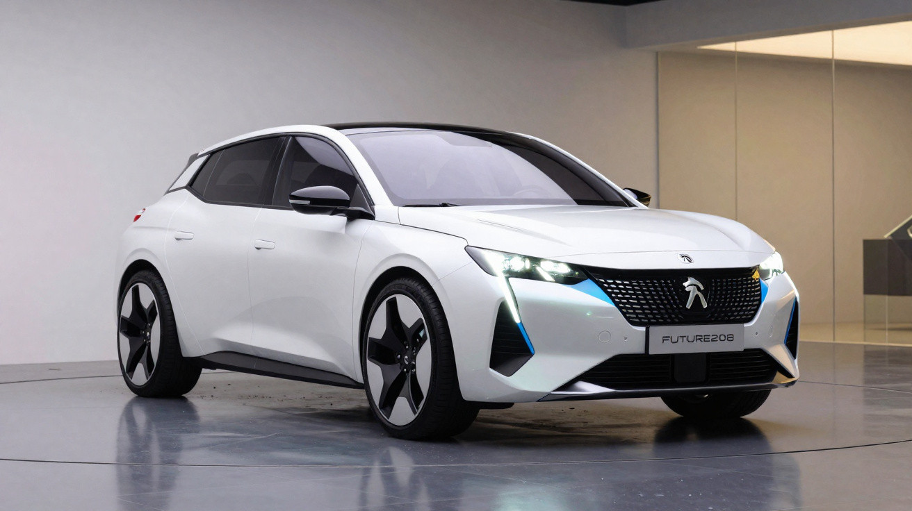 Voiture électrique Peugeot Future 208 blanche, vue avant trois-quarts dans un showroom moderne.