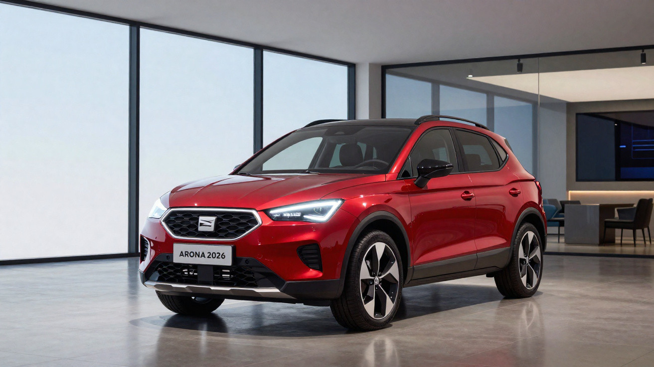 SUV rouge Seat Arona 2026 exposé dans un show-room moderne et lumineux.
