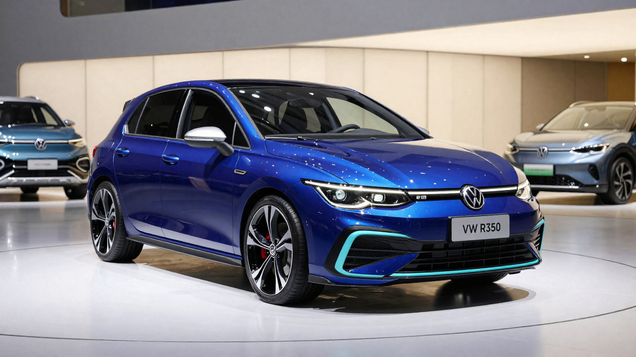Voiture Volkswagen VW R350 bleue exposée dans un showroom moderne avec voitures en arrière-plan.