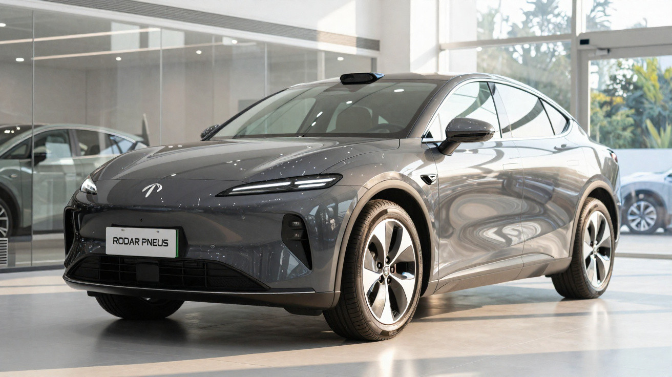 Voiture électrique moderne grise dans un showroom lumineux avec vitres et sol en béton.