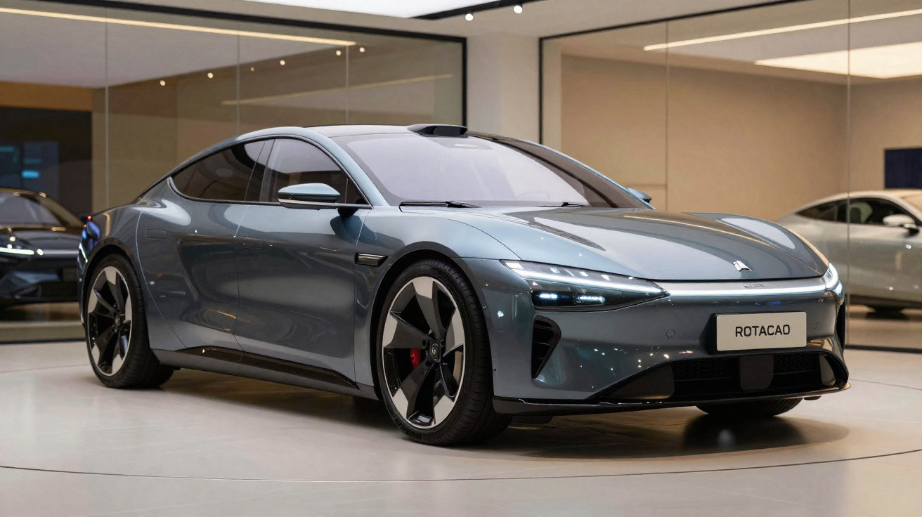 Voiture électrique sportive grise exposée dans un showroom aux lignes aérodynamiques et phares LED modernes.