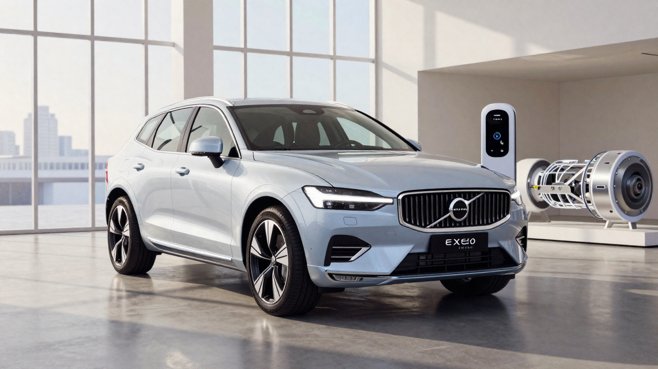 Voiture électrique Volvo EX90 grise dans un showroom moderne avec moteur électrique exposé à l’arrière.