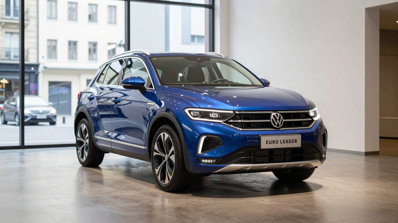 SUV Volkswagen bleu garé dans un showroom avec grande vitrine et sol en béton.