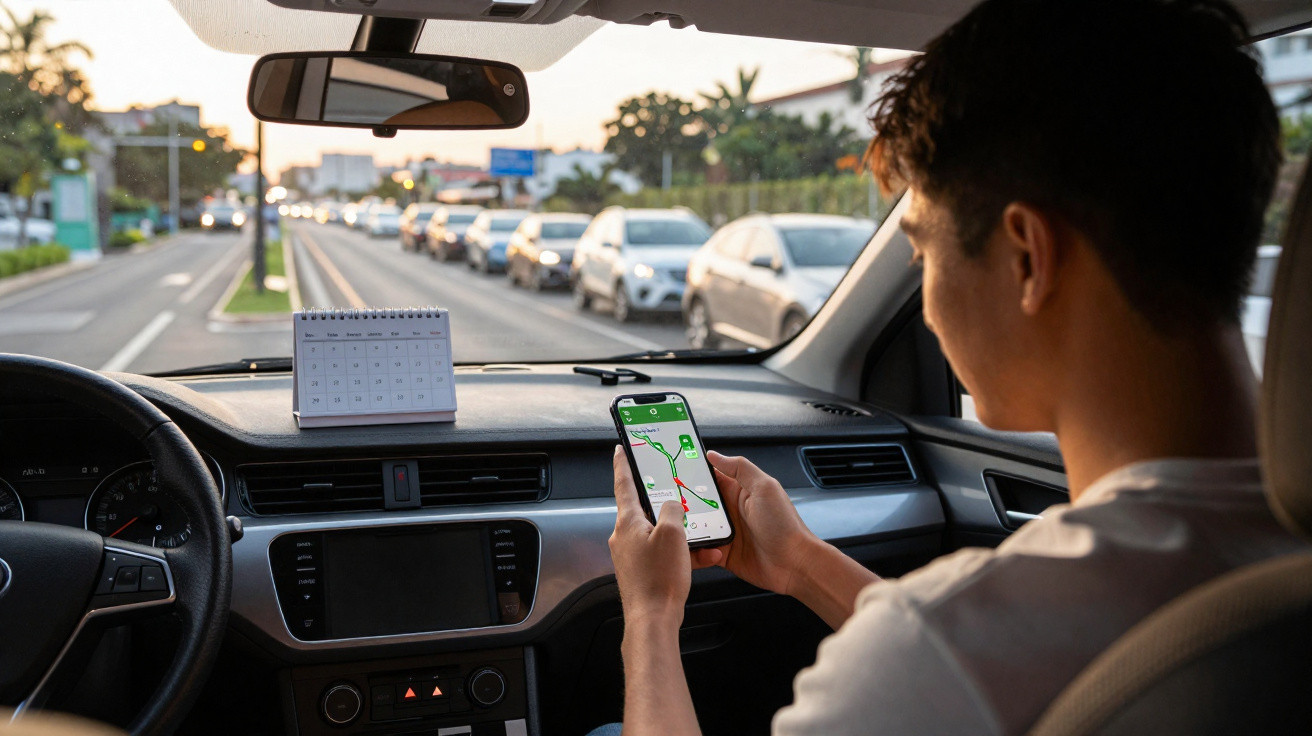 Homme utilisant un smartphone avec GPS dans une voiture arrêtée au feu rouge en ville au coucher du soleil.