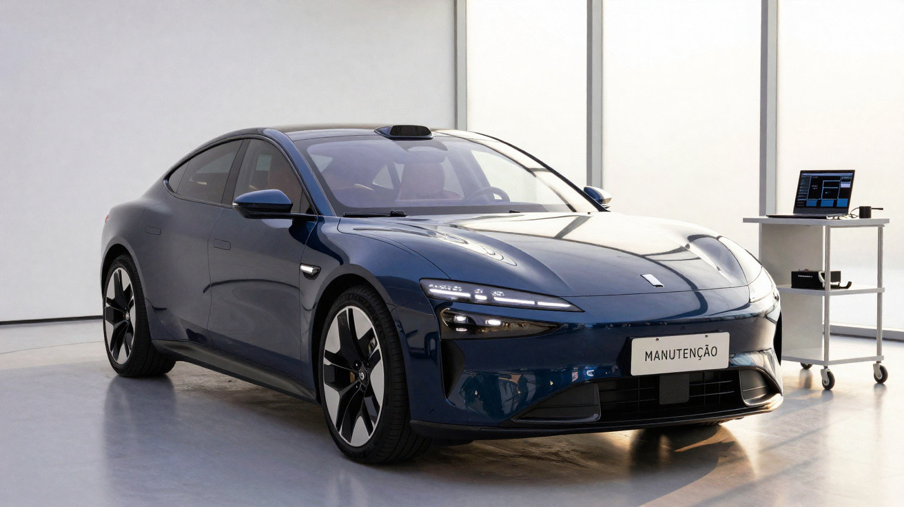 Voiture électrique sport bleu foncé garée dans un espace intérieur moderne avec un chariot et un ordinateur portable.